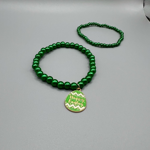 Easter Green Beaded Bracelet Set with Charm - Handmade #B0279T - Picture 2 of 2